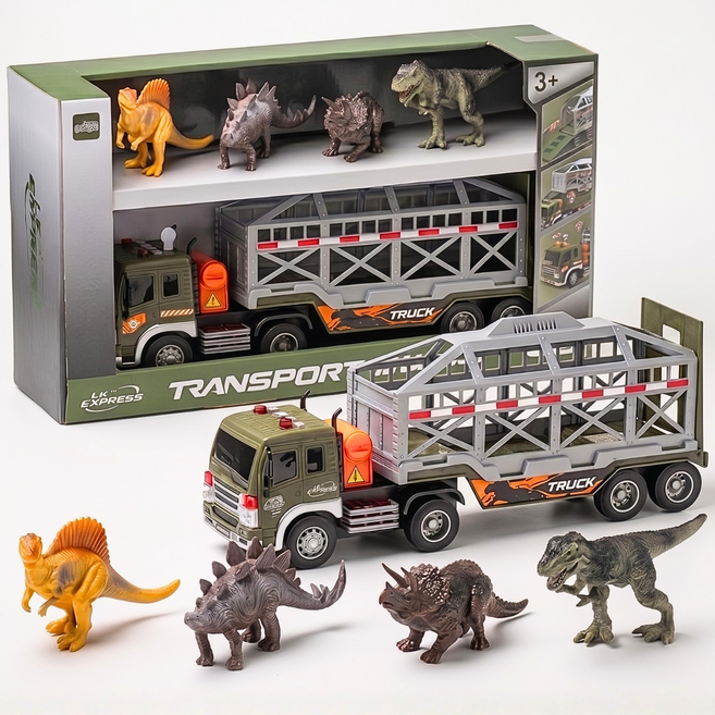 루미오 운송 중장비 트럭 장난감 + 공룡(동물) 피규어 티라노사우르스외(호랑이외) 4종 세트 KC인증, 다이노, 멀티색상, 1개