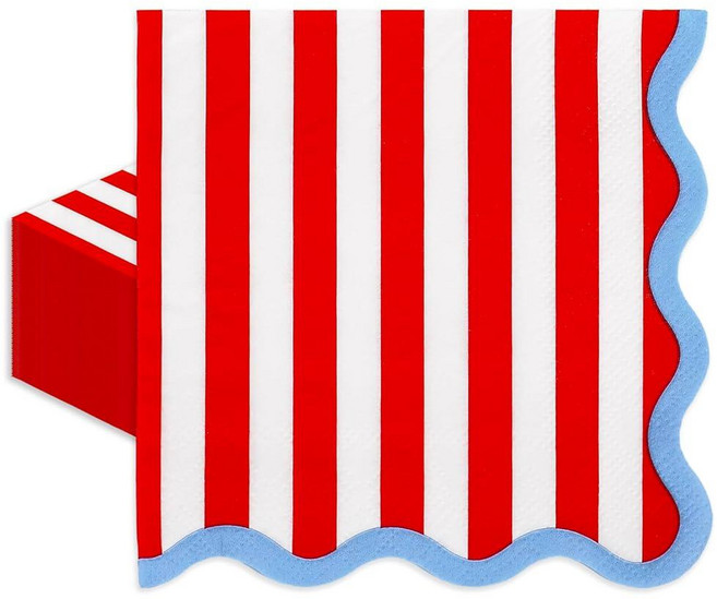 JarThenaAMCS 50 Pcs Scalloped Paper Cocktail Napkins Red White Stripe Blue Trim Disposable Beverag