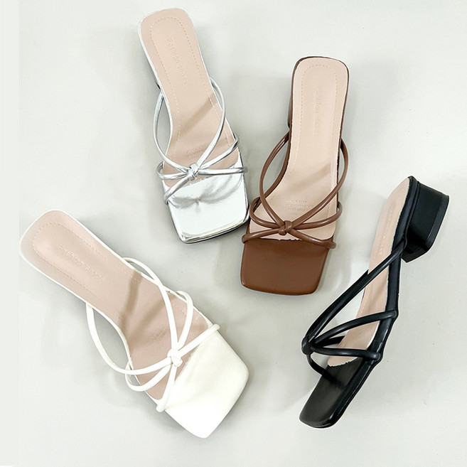 4cm 꼬임스트랩 미들힐 스퀘어토 여름 실버 펌프스 로니에 뮬 샌들 힐(4color)