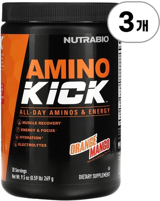 뉴트라바이오 랩스 아미노 킥 오렌지 망고 Nutrabio Labs Amino Kick Orange Mango 269g, 3개 - 쿠팡