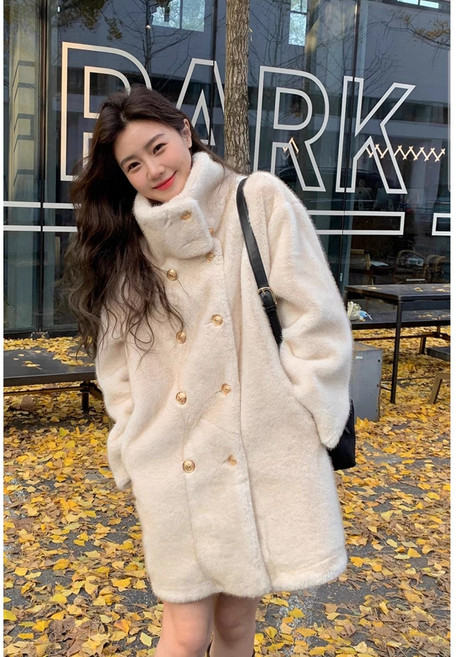 가을과 겨울 새로운 모피 원피스 스탠드 칼라 두꺼운 중간 길이 모조 밍크 모피 플러시 환경 보호 모피 코트 여성을위한