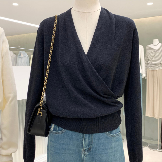 SONOVA 여리여리 교차 V랩 드레이프 니트 티셔츠