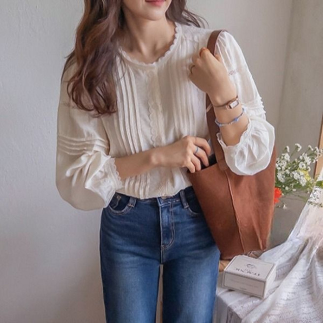 리린 봄버전LABEL 르엘라 핀턱셔링 프릴 레이스 블라우스 2896492