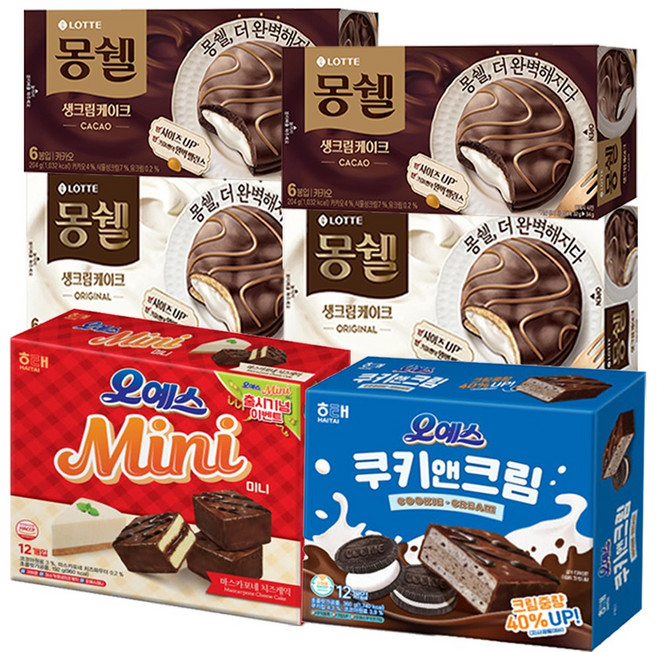 [과자몬스터]사무실 과자 세트 6종 몽쉘 통통 크림 +카카오 +오예스미니 +오예스 쿠키앤크림, 1세트