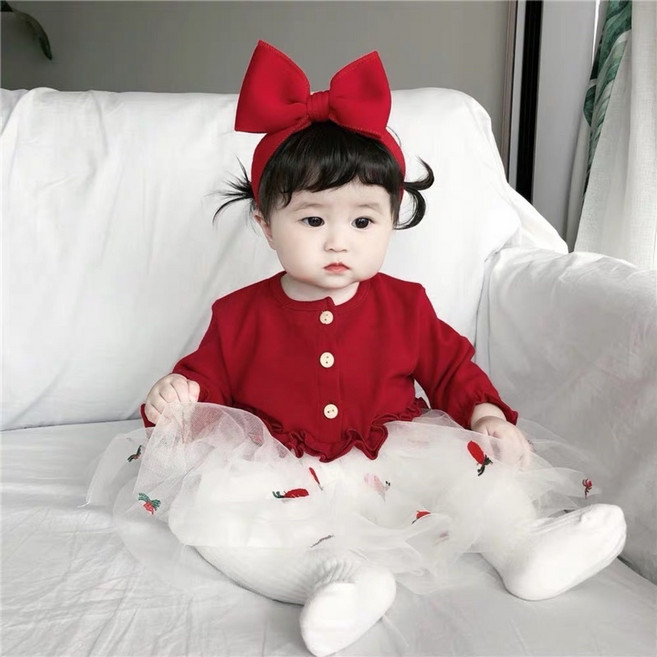 連衣裙 髪飾 可愛女寶寶連衣裙 小洋裝新款女童嬰兒公主韓版紅色禮服裙女寶寶可愛網紗連衣裙