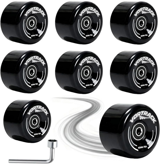 VortRACK 78A 쿼드 롤러 스케이트 휠 8팩 65x36mm ABEC-9 베어링 장착 - 실내 실외 이중 줄 스케이트 교체 액세서리(블랙)를 위한 부드러운 조용한 우레탄