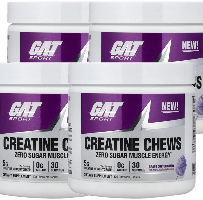 GAT 스포츠 크레아틴 츄 그레이프 코튼 캔디 Sport Creatine Chews Grape Cotton Candy 120정, 4개 - 쿠팡