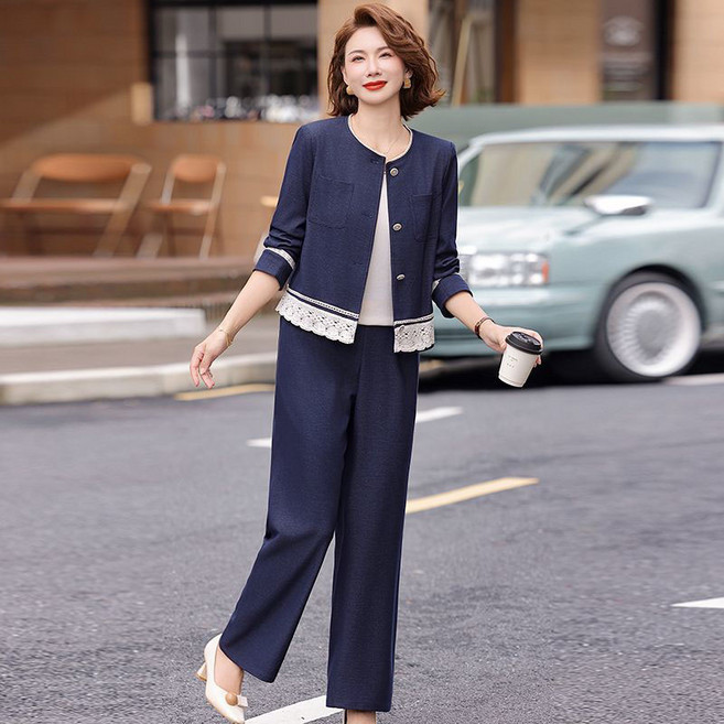 봄 가을 중년 여성 트위드 세트 캐주얼 중년 멈마 소향풍 긴팔 페이크 자켓 + 하이웨이스트 일자 팬츠 상하의 투피스 세트 기질 하객룩 세트 CY