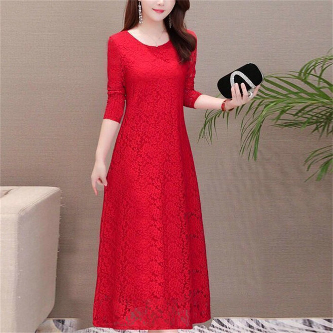 TKX 원피스 여성용 우아한 레이스 롱원피스 가을 겨울 긴팔 세련된 디자인 엄마옷 KW81