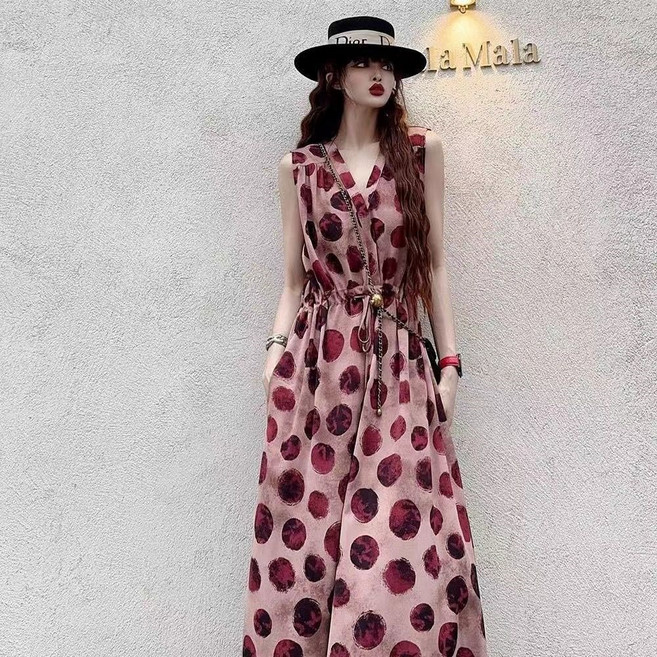 TKX 여성 민소매 브이넥 도트 롱원피스 여름 캐주얼 루즈핏 허리 스트링 하객룩