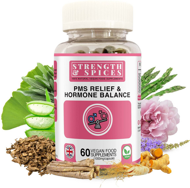 HUMAKEllc [영국] PMS 완화 호르몬 균형 동구아이 및 비텍스 아그누스 카스투스 포함 12가지 성분 여성을 위한 에스트로겐 생식력 월경 편안 1000mg 보충베 60캡슐, 1개, 60정