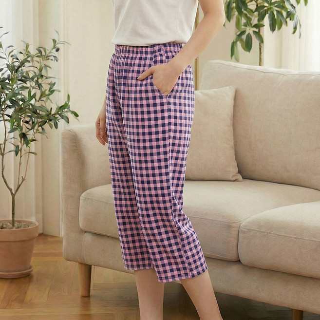 7부 기장 고슬고슬한 촉감 남성 여성 깅엄 체크 주머니 파자마 잠옷 바지 P-1017