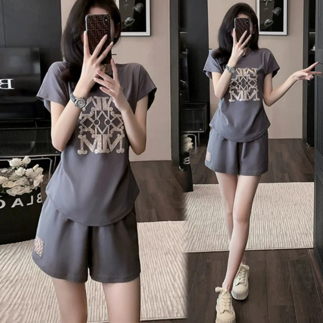 Asure 여자 여름 트레이닝복세트 프린트 반팔티 반바지 투피스