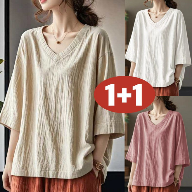 (완전 편한) 90kg까지 빅사이즈 1+1 여성 린넨 브이넥 7부 소매 반팔 티셔츠 여름 편한 심플 캐주얼 날씬해보이는 패션 빈티지 나염티 소프트 셔링 디자인 시원한 이쁜 티