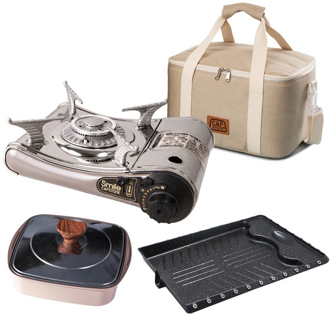 캡스톤 스마일 휴대용 가스렌지, 4종세트 쿨러백+CS300+불판+사각냄비, 1개
