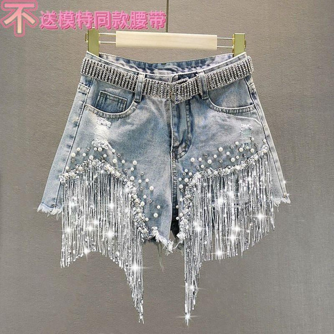 牛仔短褲女夏裝高腰顯瘦重工釘珠亮片流蘇破洞牛仔褲 副廠商品