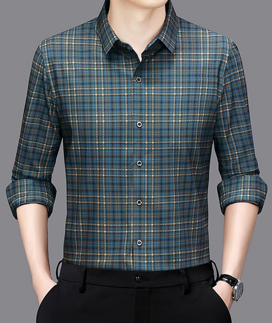 메인워크 중년남성 빅사이즈 폴로넥 긴팔 셔츠 봄가을 간절기 아빠룩 고급 비즈니스 캐주얼 오버핏 데일리 오피스룩 체크 셔츠