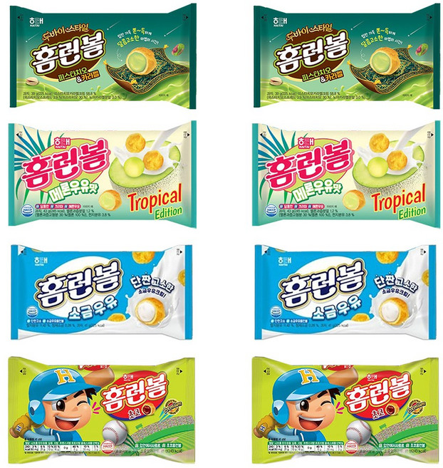 홈런볼 피스타치오 카라멜39g 2p+멜론우유 43g 2p+홈런볼 소금우유 41g 2p+홈런볼 초코 41g 2p, 164g, 2세트