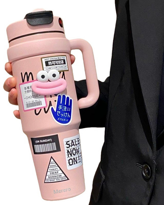 Merero 대용량 스텐 텀블러 + 빨대 포함 진공 보온 보냉 차량용 캠핑용, 핑크, 1개, 1000ml