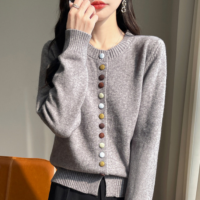 Makone 여성 라운드넥 컬러버튼 심플 캐주얼 트랜드 데일리 니트 가디건