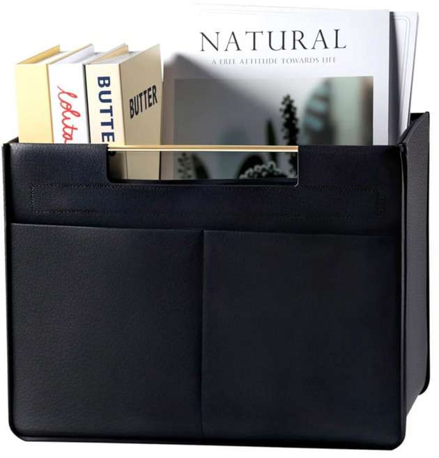 손잡이가 있는 크래프트마스투디오 가죽 매거진 홀더 접이식 손잡이 안정 랙 플로어 바구니 파일 보관 문서 폴더 정리함 사무실 거실용 무료 스탠딩 (블랙), black