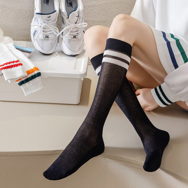 라인 메쉬 니삭스 여름 골프양말 여성 스포츠 무릎 양말 시스루니삭스, 블랙 화이트라인, 2개