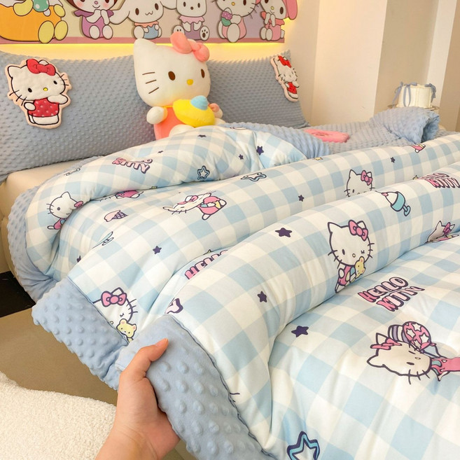 다나에 산리오 폼폼푸린 핼로키티 니트면 가을 겨울 학생 극세사 이불 단품+Integrated International Trade Co. Ltd 머리핀, 블루 키티