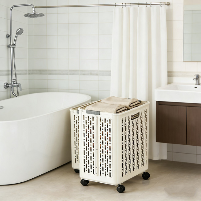 이동식 접이식 빨래바구니 요가매트 운동기구 정리함 폼롤러보관함, 1개, 베이지