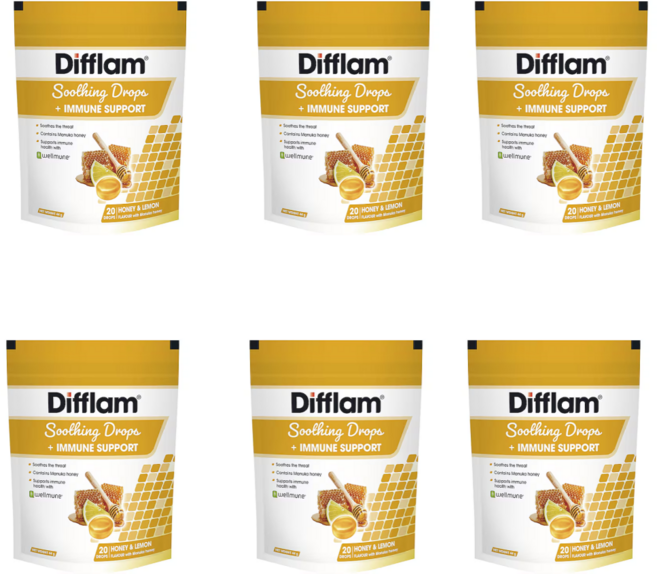 호주 디플램 수딩 목캔디 허니 레몬 Difflam Soothing Drops Immune Support Honey & Lemon, 6개, 44g