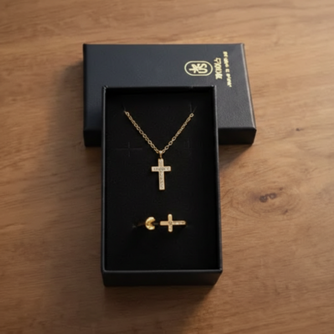 제이어스 십자가 주얼리 5종 풀세트 - 큐빅 목걸이 반지 쇼핑백 포함 세례식 임직식 교인 선물