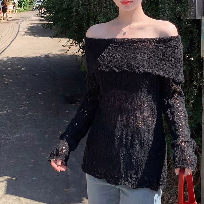 SOSISI 여성 여리핏 긴팔 니트 여름 울 혼방 오프숄더 20380