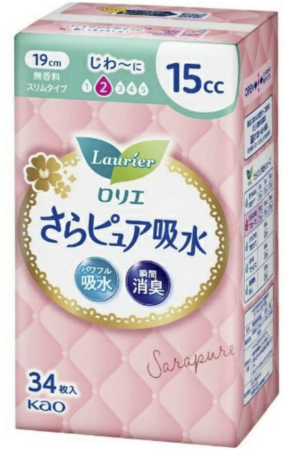 Kao 花王 Laurier 蕾麗兒 Sarra Pure 吸收護墊型成人衛生棉 纖薄型 15ml, 1個, 34入
