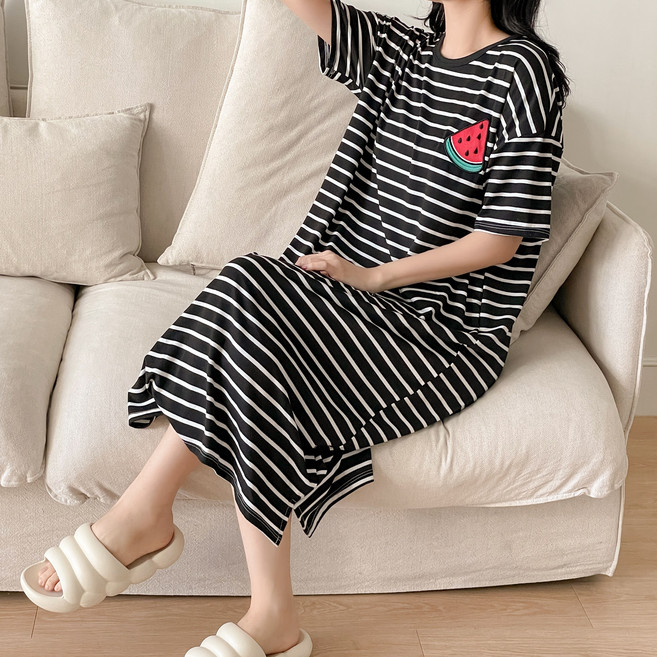 IAWI 여성용 스트라이프 과일 원피스 잠옷 오버핏 44-99 빅사이즈 롱 홈웨어 파자마