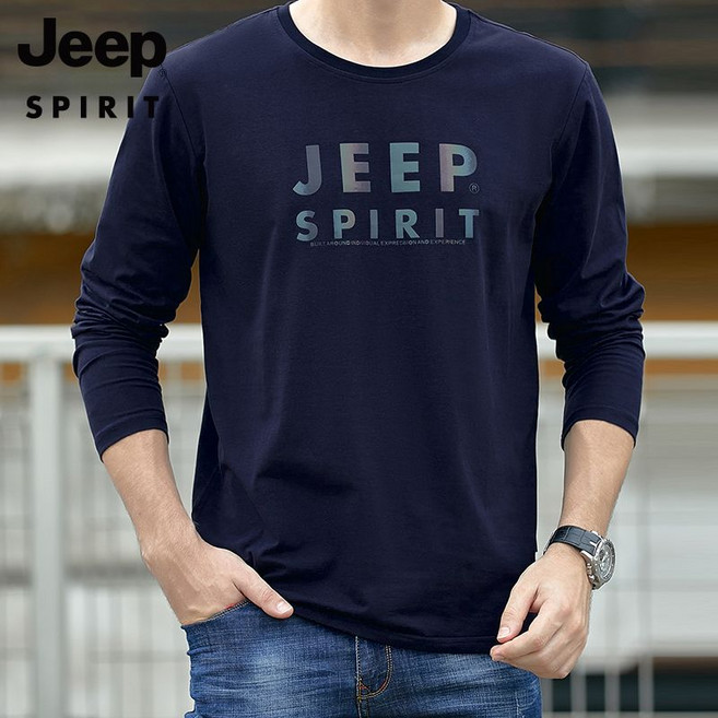 JEEP 지프 정품 스탠드 칼라 티셔츠 남성 봄 가을 면 얇은 긴팔 라운드 티셔츠 5컬러