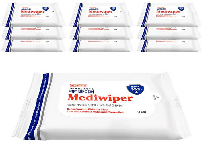 메디와이퍼 살균티슈 리필형 10매 10개 항균 세정 소독 안심 물티슈