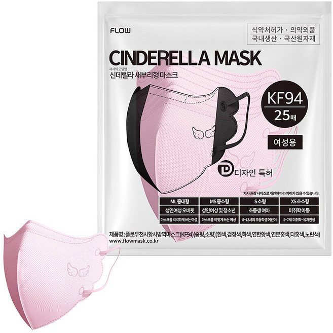 플로우 신데렐라 KF94 새부리형 마스크 지퍼백 초소형, 핑크, 1개, 25개입