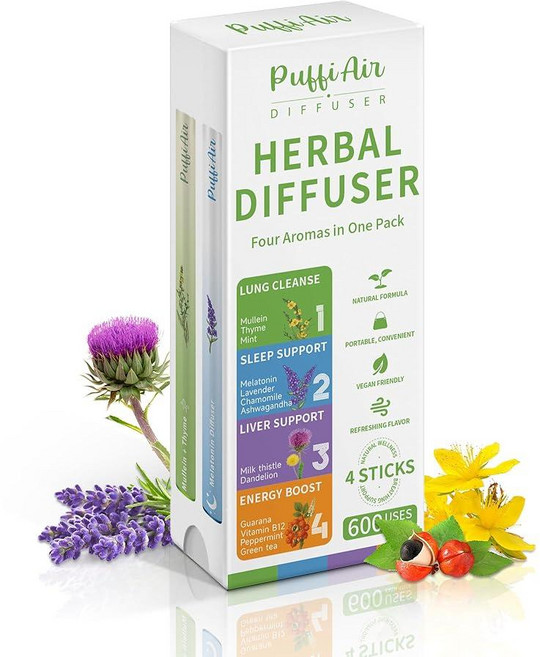 PUFFIAIR 4-in-1 Wellness 허브 디퓨저 번들 에너지 수면 간 폐 지원 식물 기반 휴대용 아로마테라피 스틱당 600회 사용 포켓 사이즈 디자인 [호환], 그린, 퍼플, 블루, 오렌지