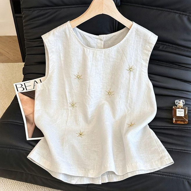 中國風棉麻刺繡背心女 夏季寬鬆無袖上衣