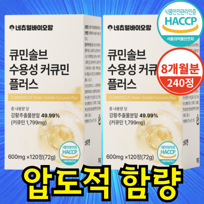 네츄럴바이오팜 강황 수용성 커큐민 식약청 HACCP 인증 100% 600mg, 2개, 120정