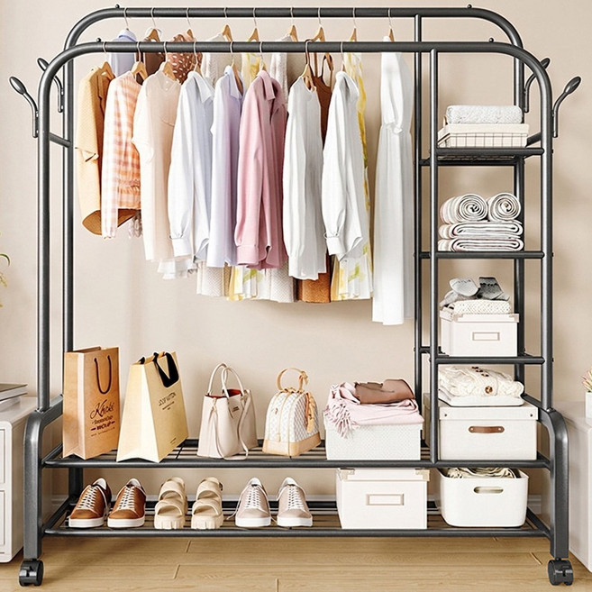 JNJ 이동식 행거 2단 수납형 원룸 자취 옷걸이 스탠드 행거, 110cm 1단 블랙