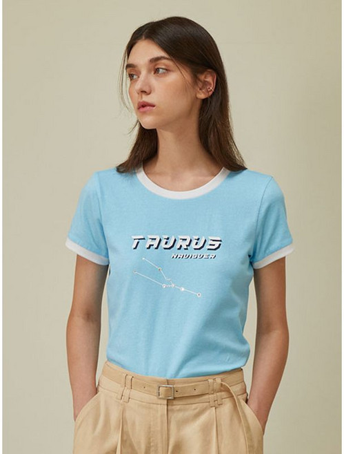 에고이스트 배색 포인트 큐빅 레터링 티셔츠 스카이블루 EP2CH667