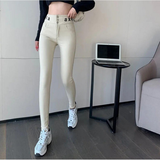 모몰라티 여성용 버튼 스판좋은 하이웨스트 베이지 청바지 스키니진