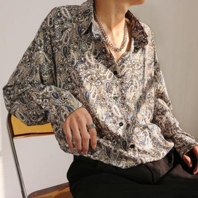 남자 칼라 쉬폰 긴팔 셔츠 남성 빈티지 레트로 페이즐리 패턴 긴팔 셔츠 패션 LT