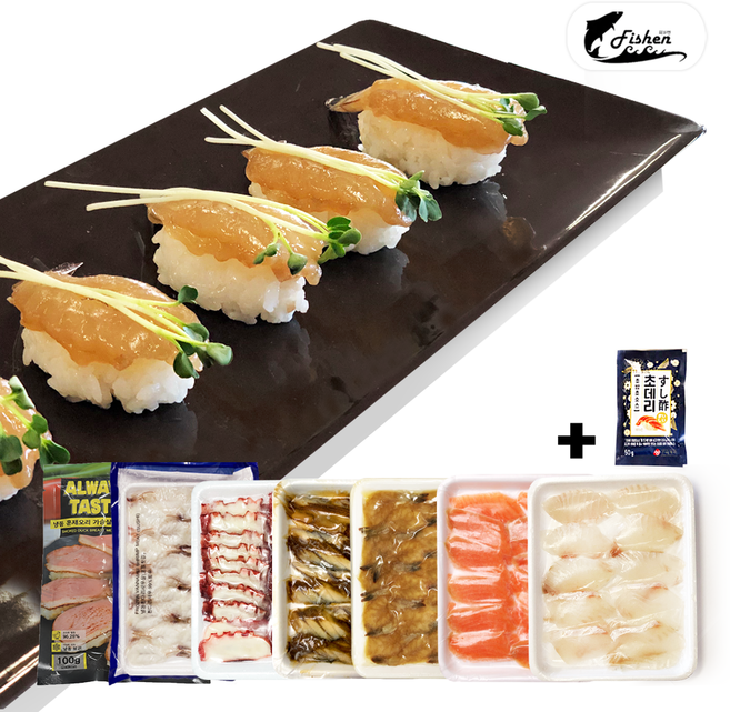피쉬앤 초밥재료 7종 세트+초데리 증정 // 초밥만들기 광어 훈제연어 장어 문어 간장새우 훈제오리 탈각새우, 광어/연어/탈각새우/장어/문어/간장새우/훈제오리초데리1, 1개