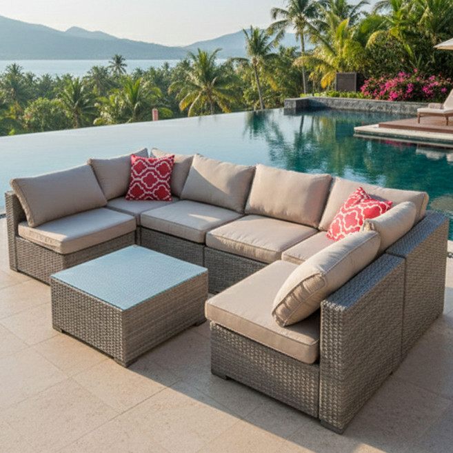 홈스월드 야외 라탄 소파 6인 소파테이블 세트 비치 의자 테라스 카페 루프탑, 1개, 그레이, 01.라탄소파&테이블 세트-6인