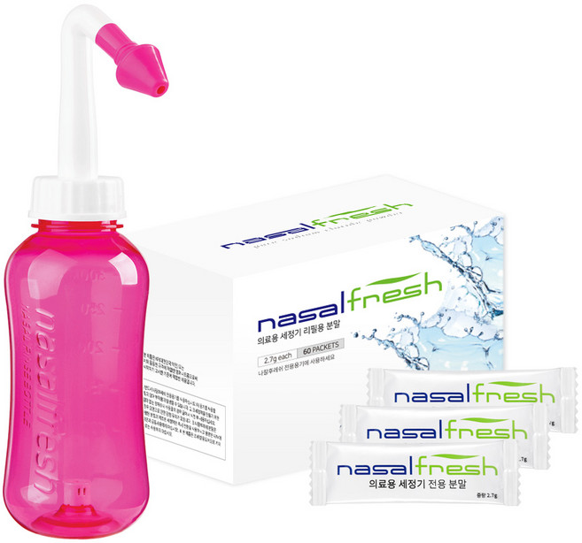 수동식 코세정기 세트 ( 나잘후레쉬 + 생리식염분말 60포), 용기 핑크 300ml + 분말 60포, 1개