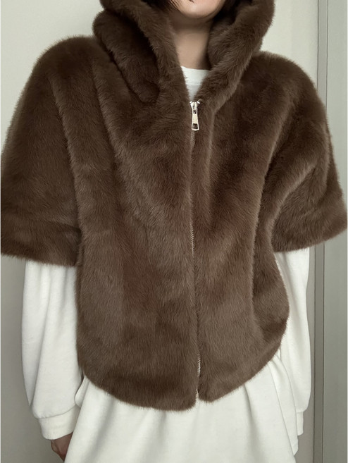 프리미엄 고퀄리티 에코퍼 인조 밍크 모피 후드 집업 반팔 케이프 베스트 조끼 하프 자켓 점퍼