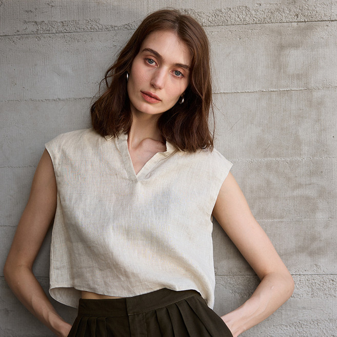 【高智感通勤】亞麻襯衫 背心 無袖上衣 短款襯衫 翻領襯衫 女式上衣 100%純亞麻 簡約V領設計 歐美風 夏季通勤穿搭