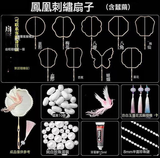 DIU 蠶絲扇DIY材料包全套團扇女蠶繭扇子框架小學生手工材料套裝, 1個, 【全套】圓扇+杆子+鳳凰配件+蠶繭:如圖