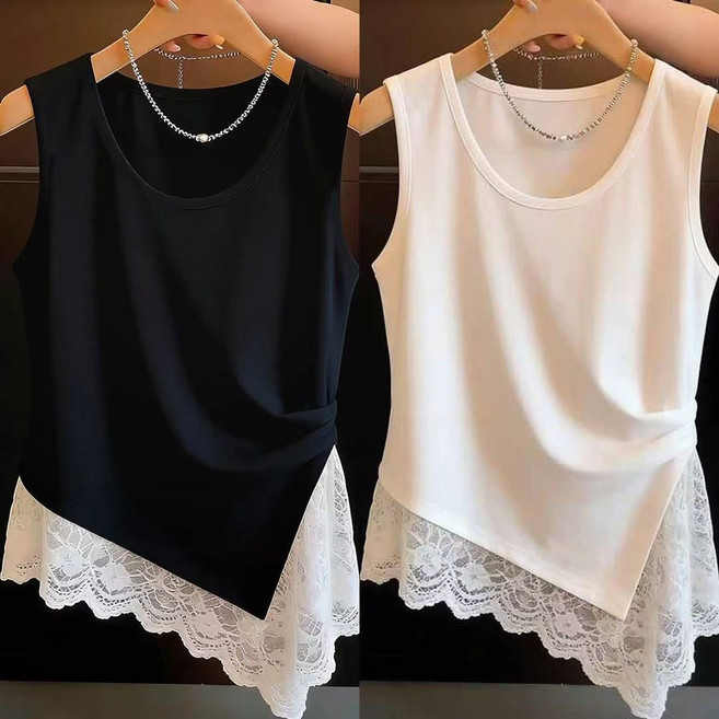 로르카 1+1 (2종세트) 여성 레이스 배색 언밸런스 밑단 슬림핏 레이어드 나시 U02033117